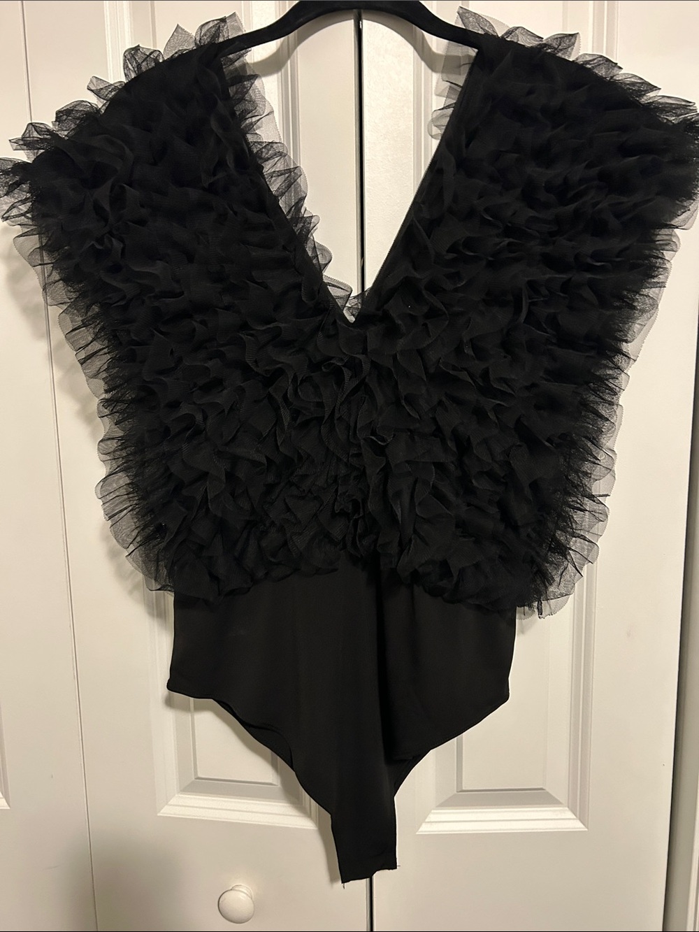 Love By Design Black Ruffle Tulle V-Neck Bodysuit